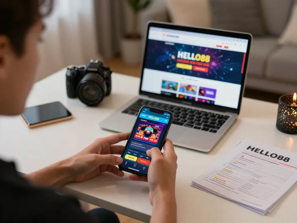 Engage with HELLO88 casino app on smartphone in a cozy home setting.