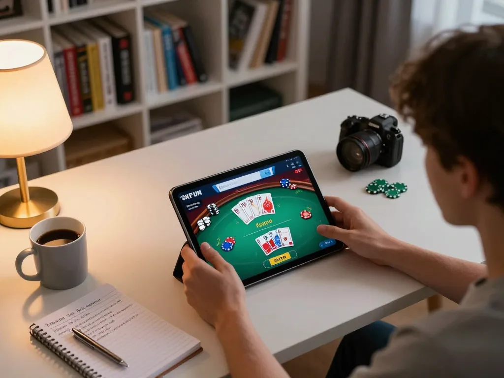 Engaging scene of a player enjoying poker on OKFUN tablet app in a cozy home setup.