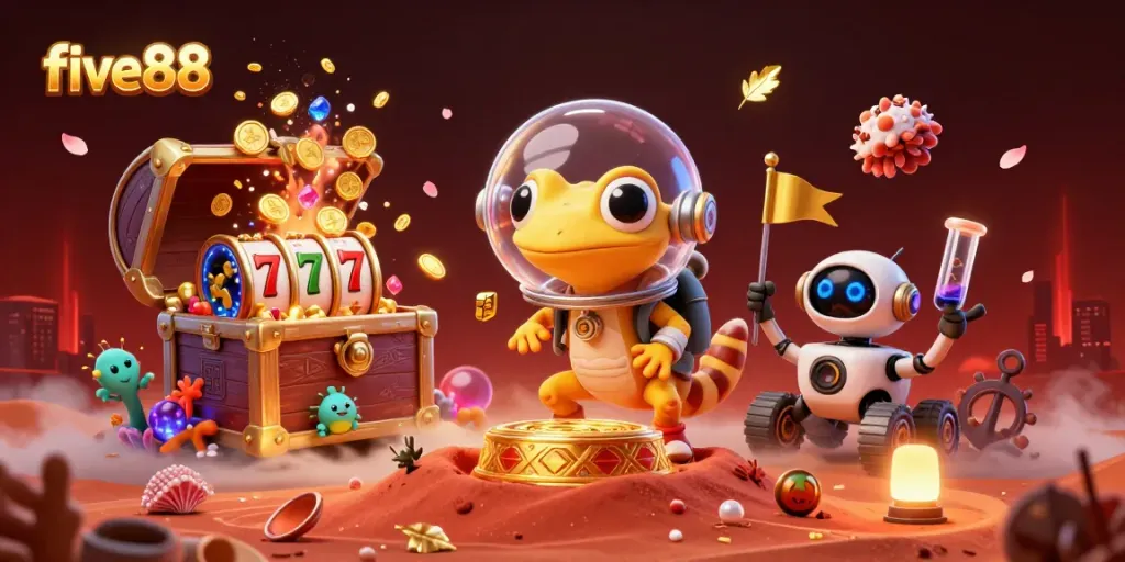 Experience the thrill of five88 with a Martian gecko discovering a golden casino in space.