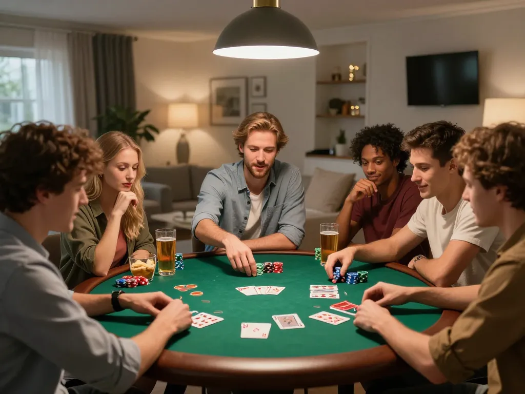 Friends enjoying a poker night while placing bets and strategizing at home with 8XBET.