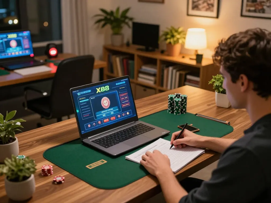 X88 player strategizing at home using laptop for live dealer games, promoting responsible gambling.