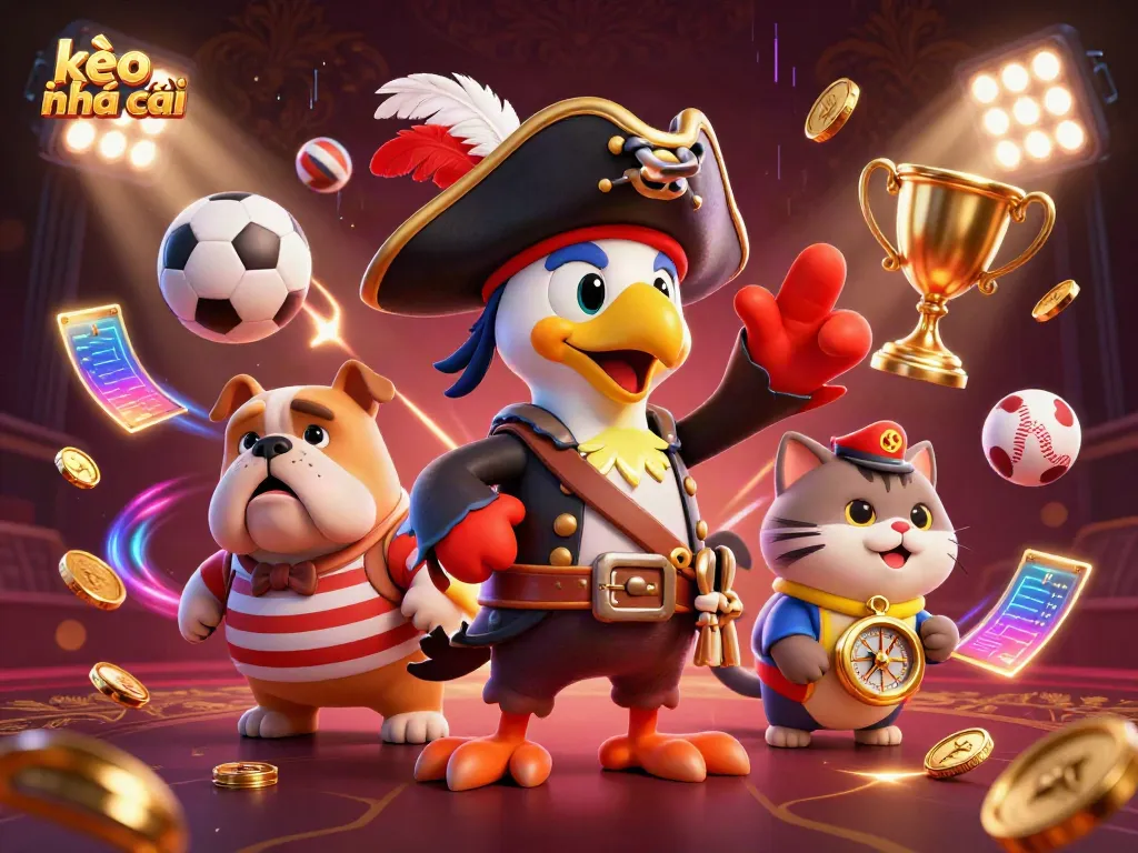 Experience kèo nhà cái action with a vibrant 3D scene featuring dynamic sports elements and cartoon characters.