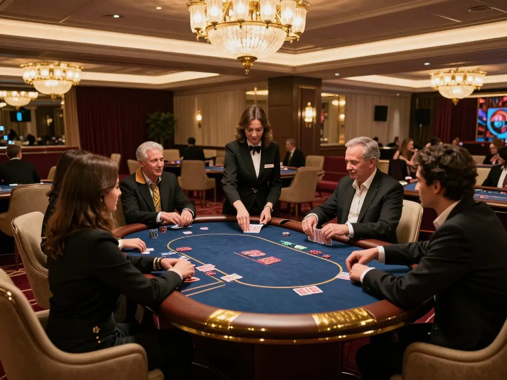 Người chơi LỢI8 trong khu vực VIP của casino sang trọng tận hưởng các ván thắng tại bàn poker