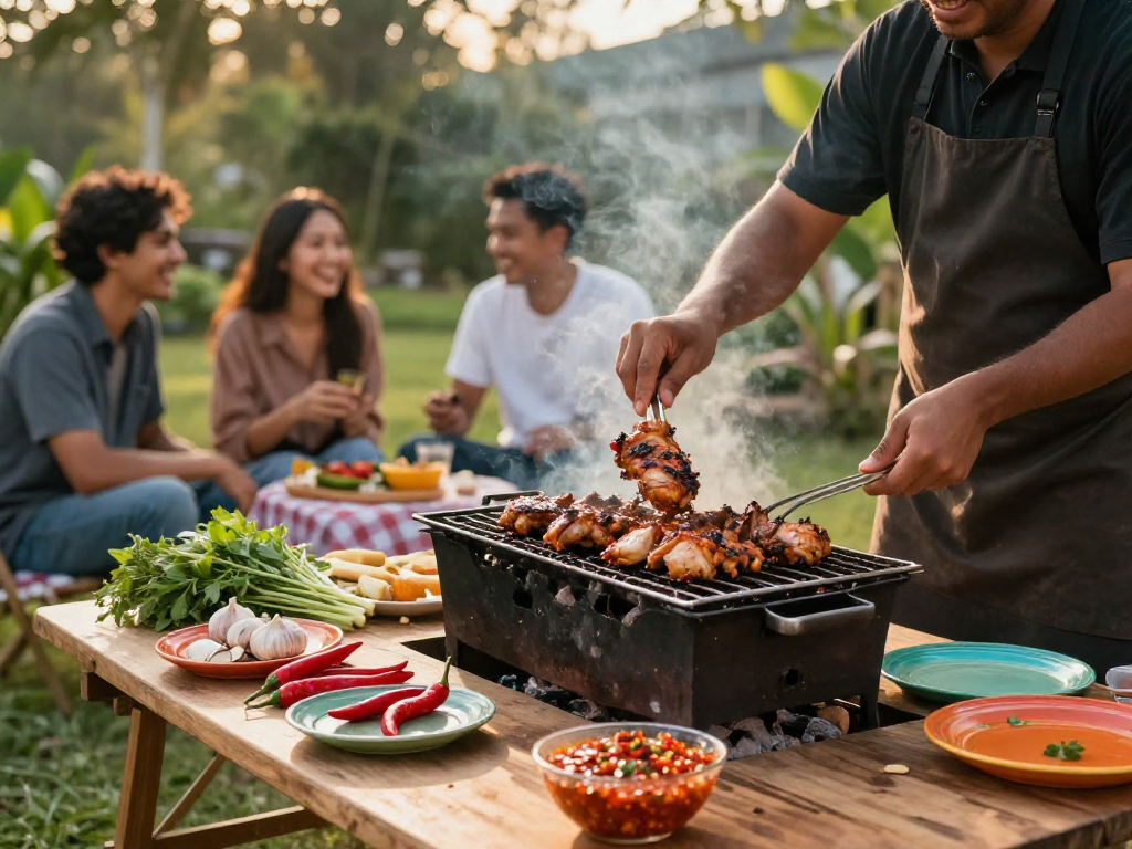 Delicious grilled chicken with sambal rawit sauce from https://sambalrawitankoko.com, showcasing vibrant fresh ingredients at a barbecue.
