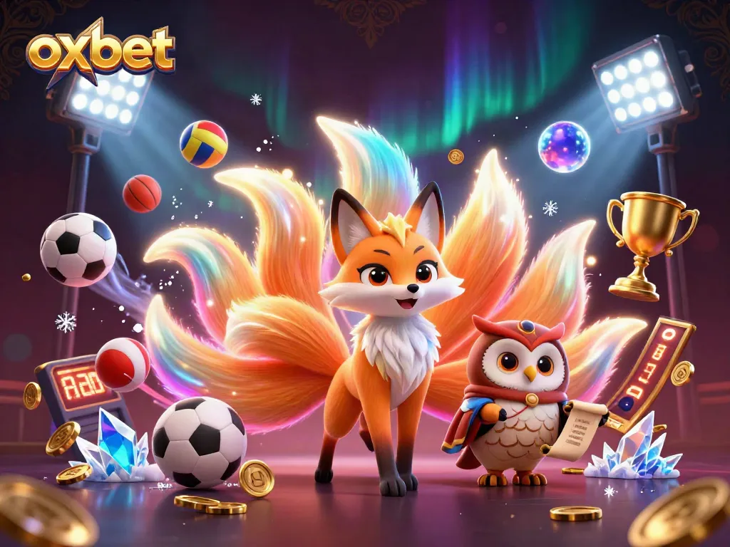Experience the thrilling world of OXBET casino with vibrant characters and dynamic sports elements.