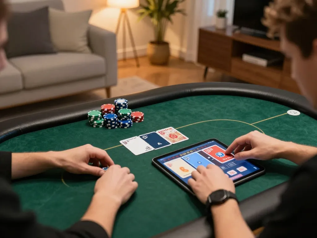 Players engaging in intense online poker gameplay at home using go88 platform to enhance their skills.