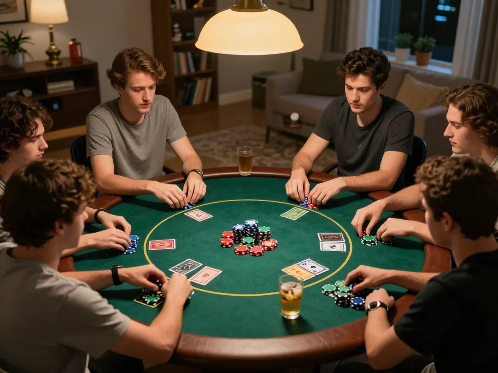 Nohu90 players intensely strategizing during a home poker night with colorful chips and warm ambiance.