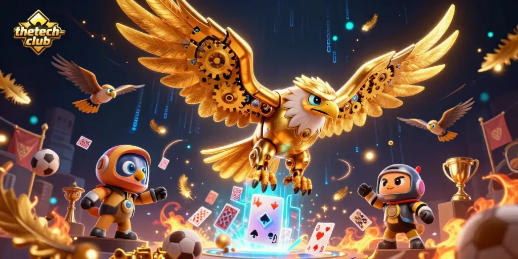 Experience thrilling sports betting at thetech-club with a dynamic scene featuring a cybernetic eagle amidst holographic cards.