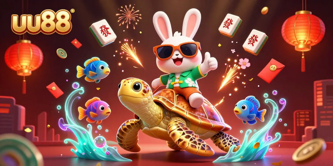 Engage with thrilling gaming action at uu88, featuring a lucky rabbit on a golden sea turtle amidst festive casino elements.