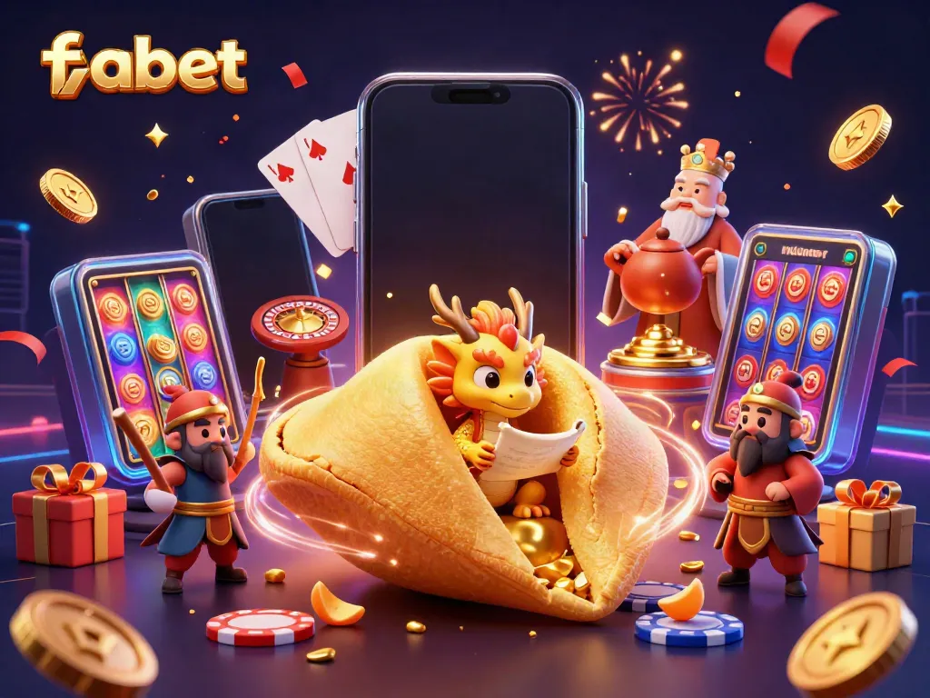 Fabet showcases engagement through exciting golden fortune cookie characters amid dynamic casino elements.