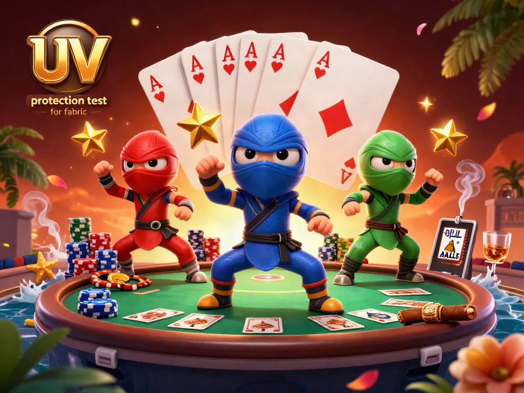 Experience the ultimate UV protection test for fabric with a vibrant casino-themed illustration featuring ninja chameleons.