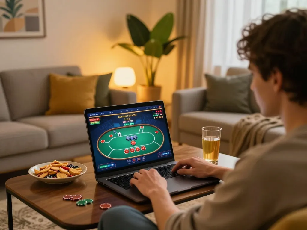 Person enjoying online poker in a cozy room with mb66-t gaming setup, showcasing strategic gameplay.