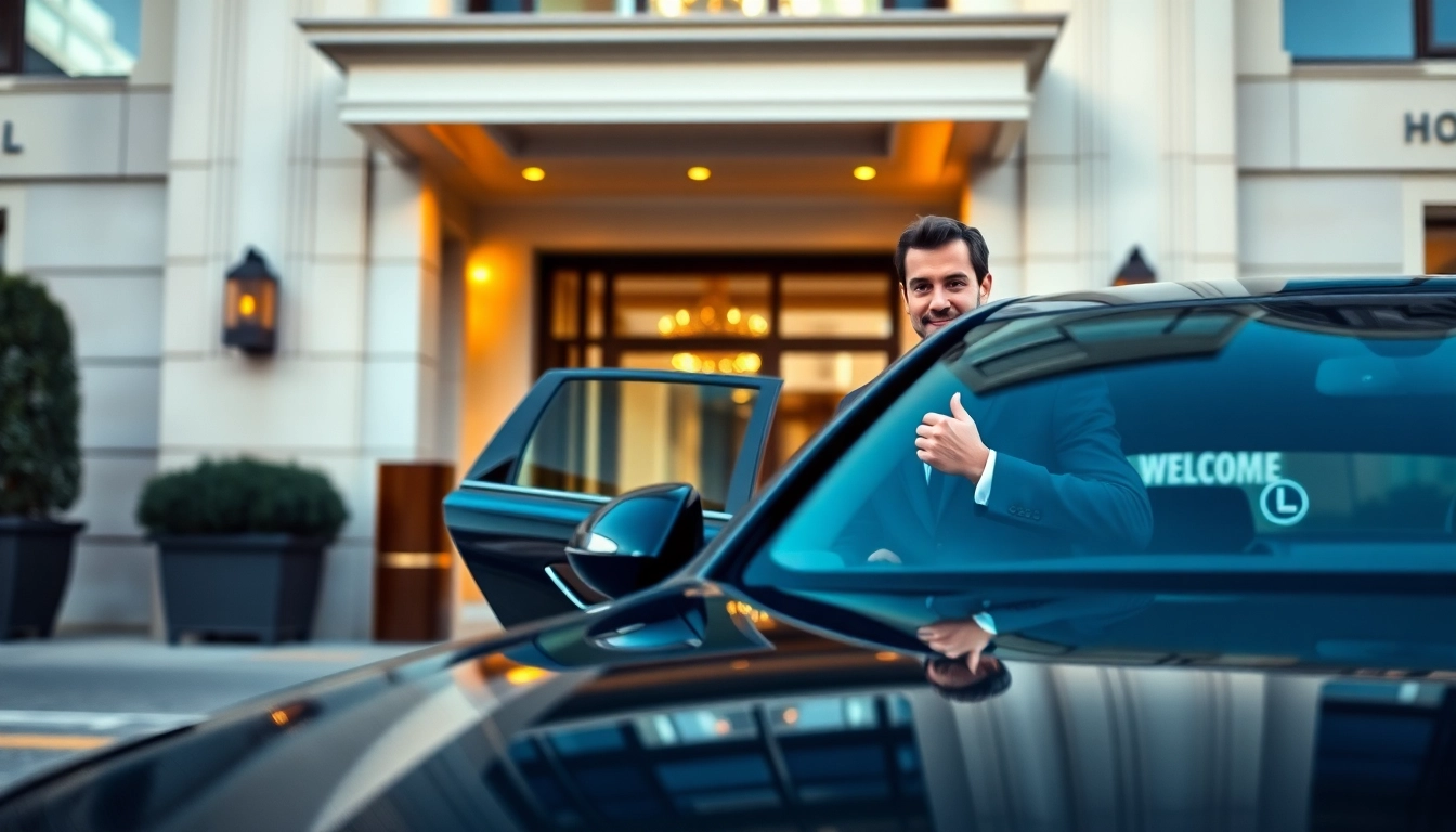 Chauffeur Hire service with a professional driver in a luxury vehicle at a hotel.