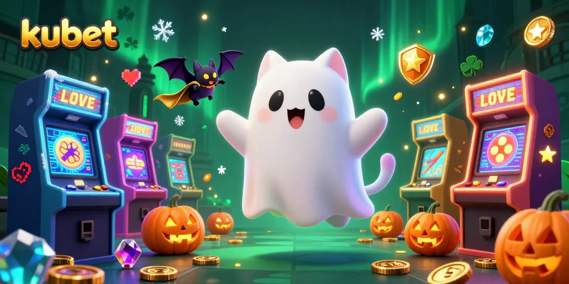 Engage with kubet's lively 3D illustration of a friendly ghost cat in a haunted casino.