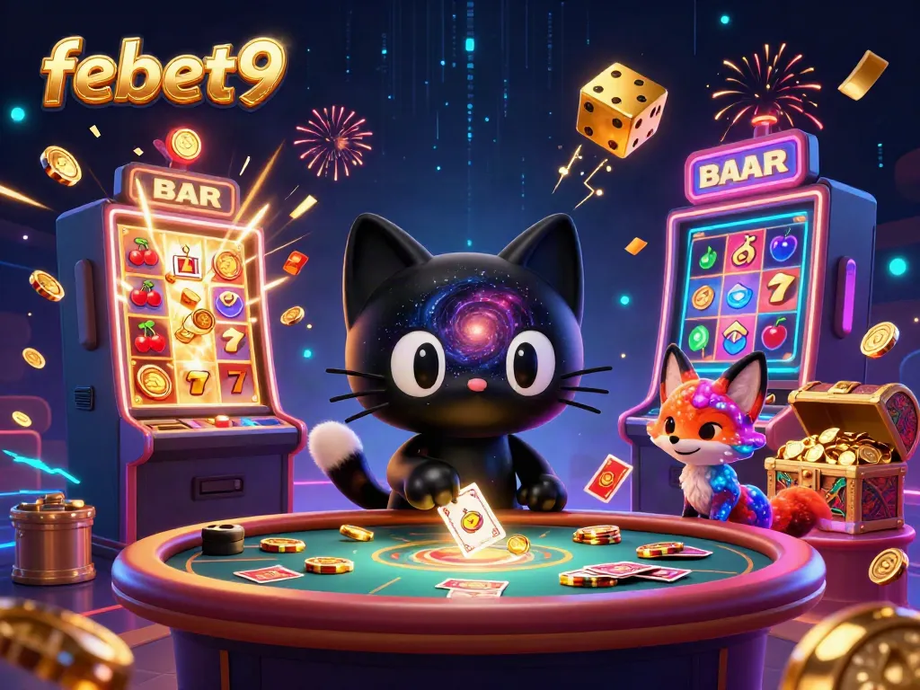 Engage in exciting gameplay at febet9 with a cosmic casino scene featuring 3D characters and vibrant elements.