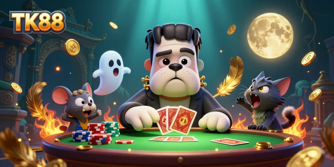 TK88 characters engage in thrilling card games with rich casino elements and vibrant atmosphere.