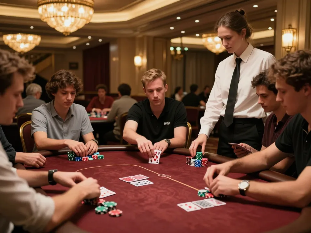 Players at N188 poker table strategizing their bets in a vibrant casino atmosphere.