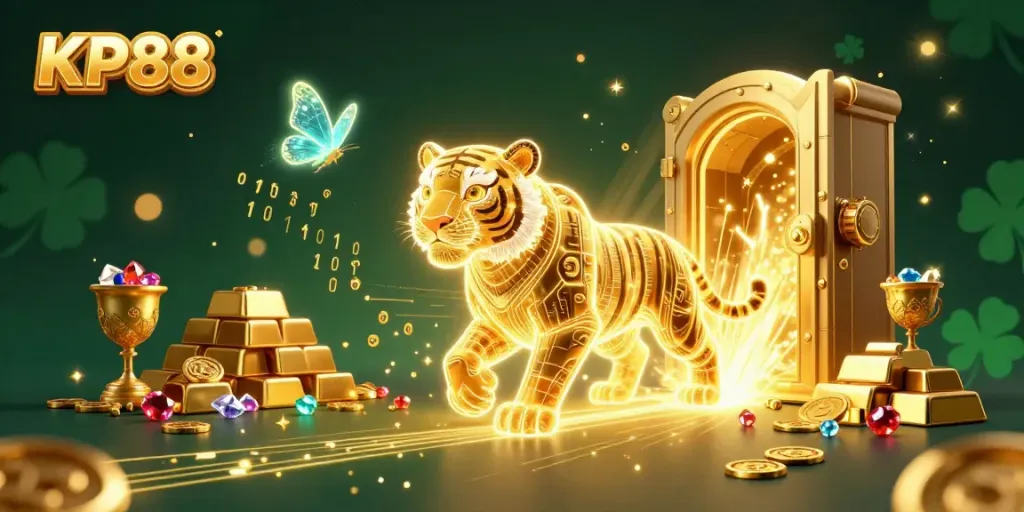 Experience KP88's thrilling gaming ambiance with a golden tiger in a vibrant digital casino.