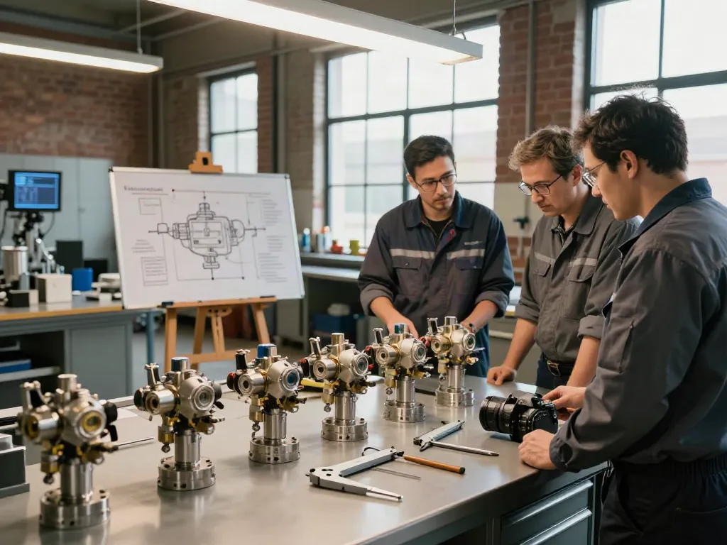 Engineers discussing various mechanical vacuum switches in a well-lit industrial workshop.