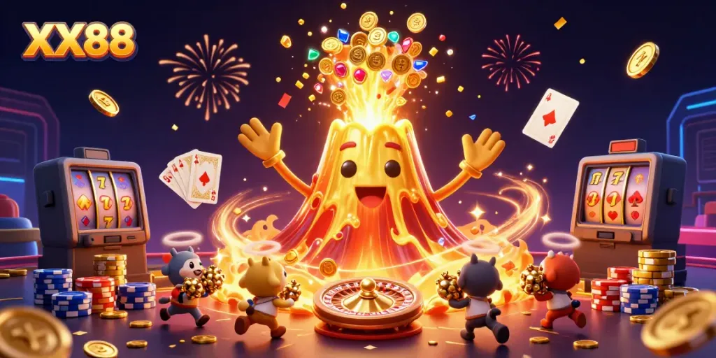 Experience the thrill of winning at XX88 with a vibrant casino scene filled with gold and excitement.