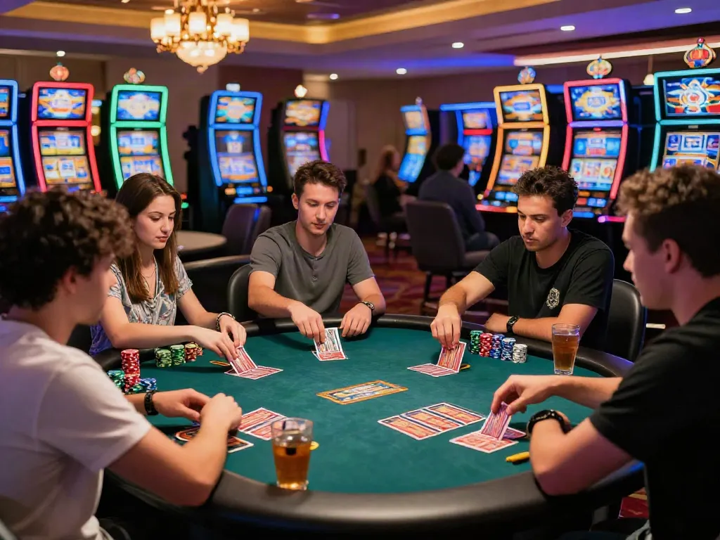 Exciting scene at a credit card casino with players enjoying card games and slot machines under vibrant lights.