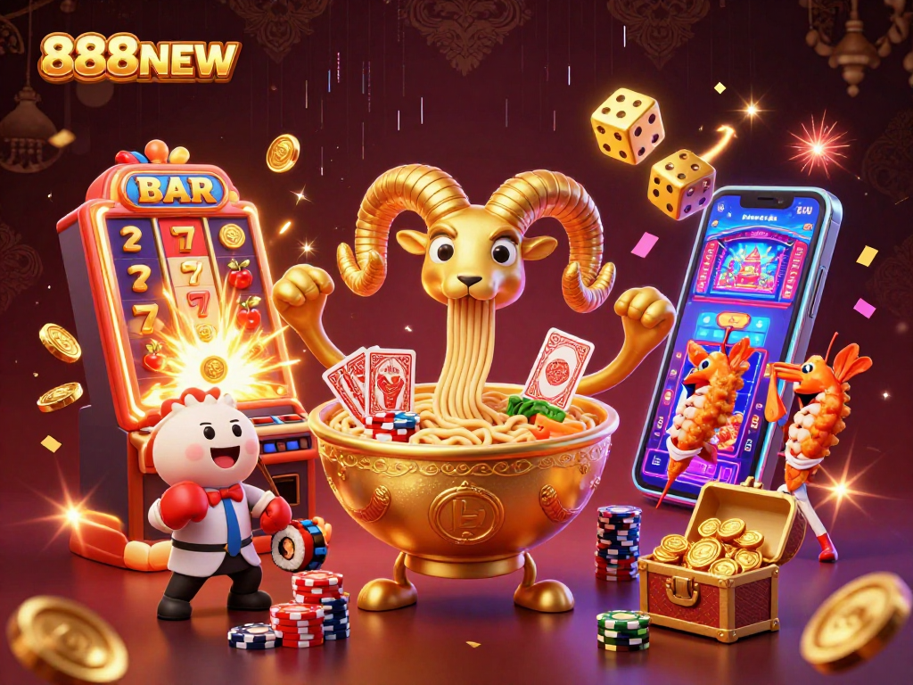 Win big with thrilling games at 888NEW, showcasing vibrant casino action and unique characters.