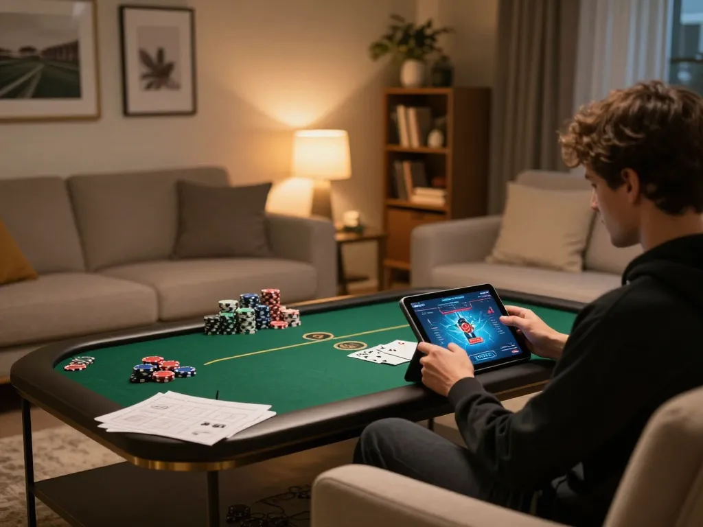 Player engaging in poker on tablet with fly88 in modern living room setup, showcasing gambling strategy.
