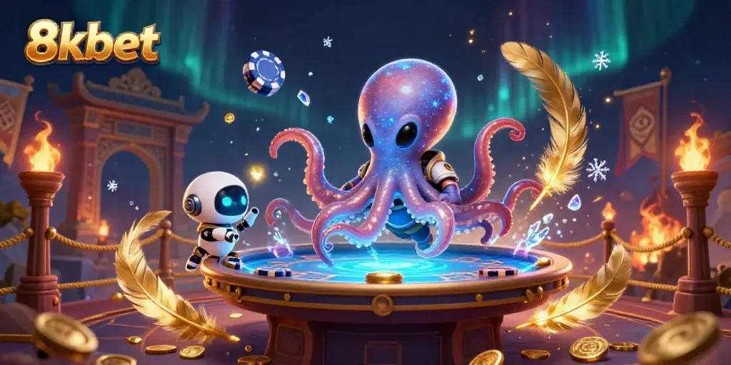 Experience thrilling poker action with 8xbet as a flamboyant alien octopus hosts a holographic game.