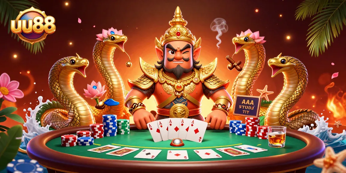 Play poker at uu88 with a friendly Thai guardian and Naga companions amidst colorful chips.