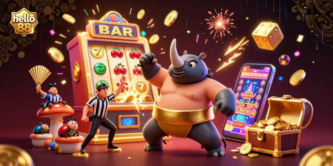 Experience engaging gameplay at hello 88 with a dynamic carnival of slot symbols and golden wins in a vibrant casino atmosphere.