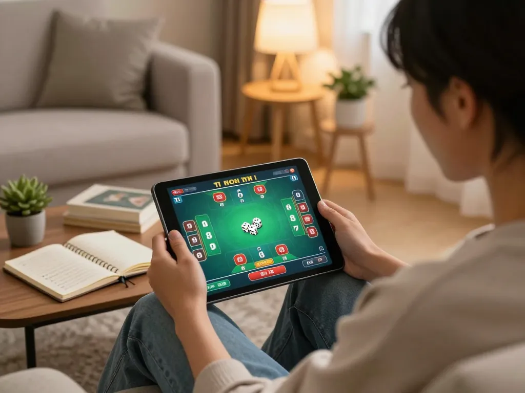 Tài xỉu online gameplay on a tablet in a cozy home environment, showcasing strategic engagement.