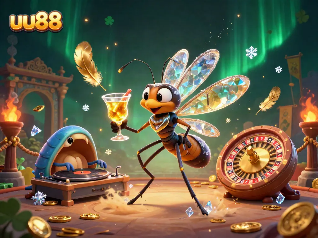 Join the excitement of uu88 with a vibrant casino scene featuring a frozen mosquito mascot and trilobite DJ.