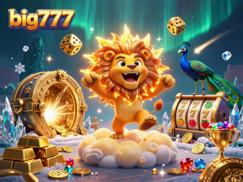 Experience big777 thrills with a roaring lion and golden treasures in this vibrant casino scene.