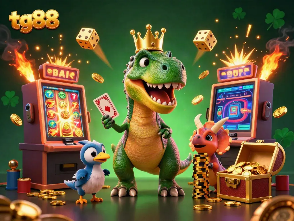Experience the excitement of tg88 with a friendly T-Rex shuffling cards amidst a lively casino scene.