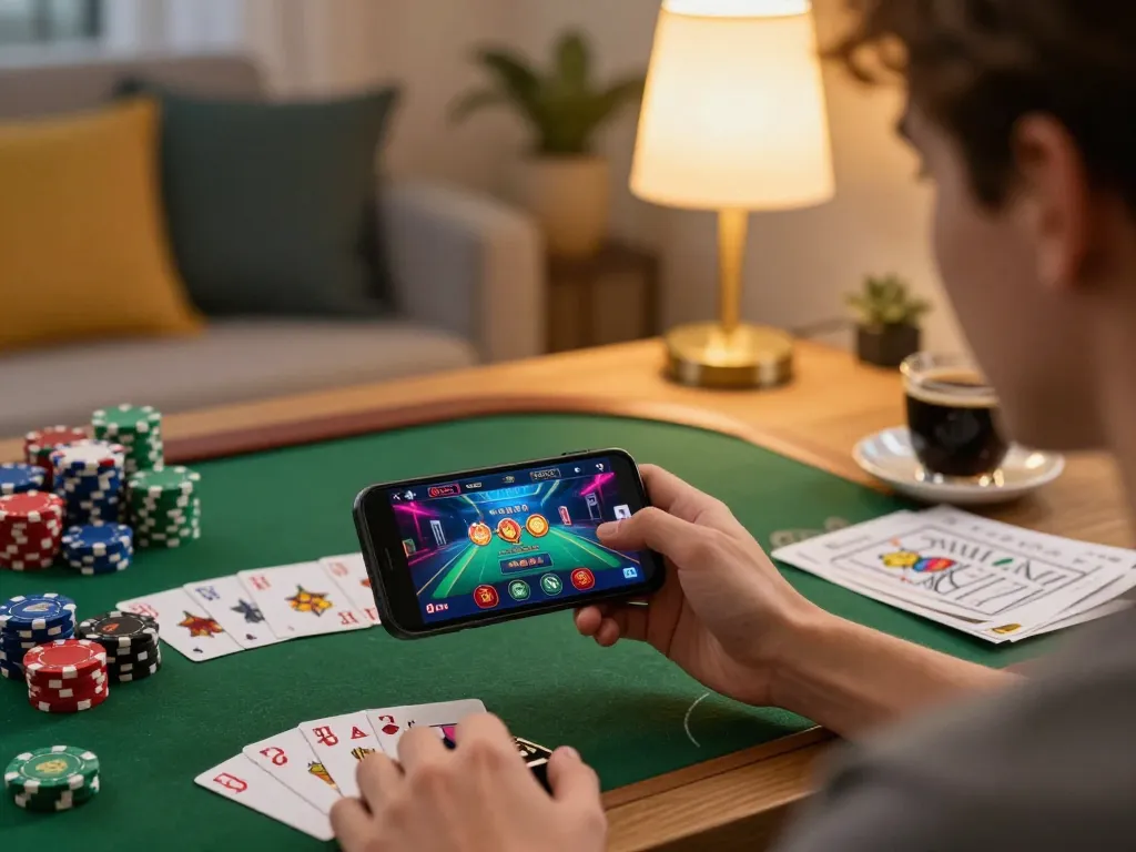 Engaging gameplay with 78wintl app on smartphone showcasing online casino action in a cozy home setting.