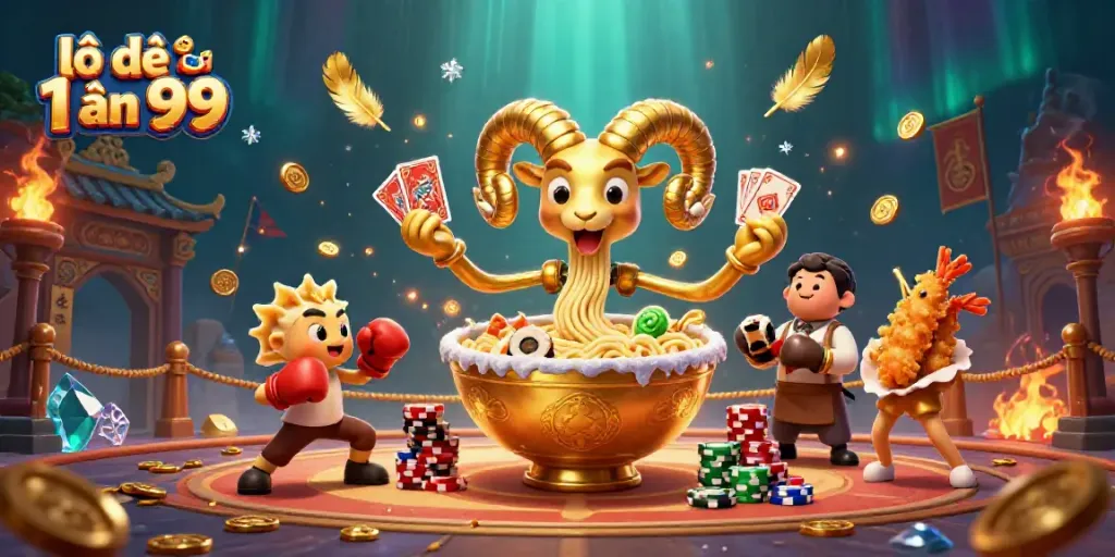Engage in lô đề 1 ăn 99 with a giant ramen bowl character dealing casino cards in a vibrant scene.