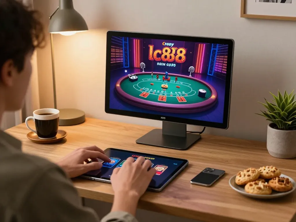Playing live dealer blackjack on lc88app in a cozy home setting with snacks nearby