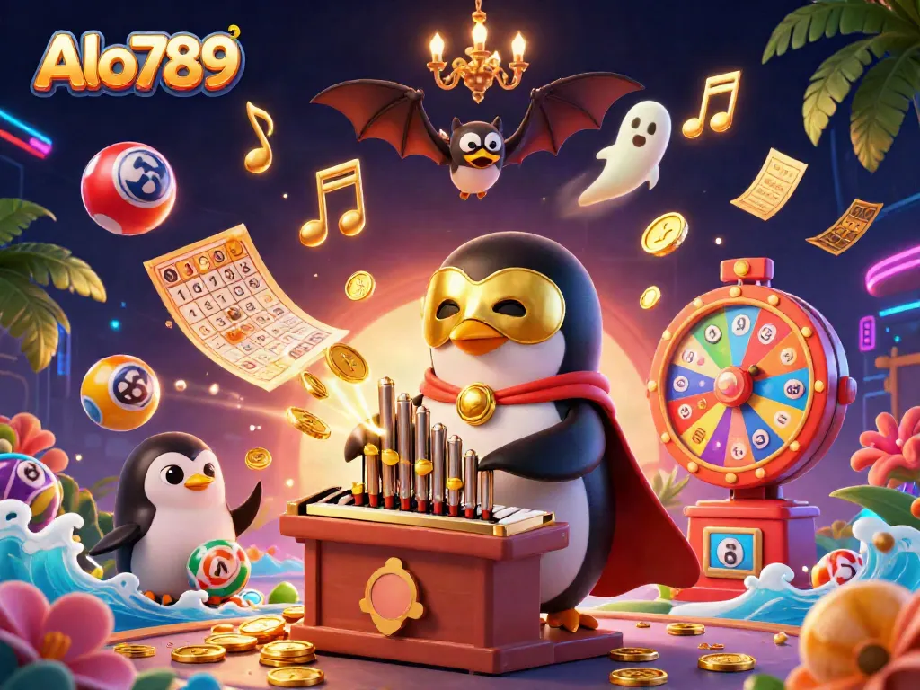 Alo789 engages players with a dynamic casino scene featuring a whimsical penguin and winning elements.