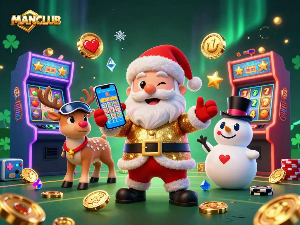 Experience thrilling jackpots at MANCLUB's casino with an engaging gaming scene featuring Santa and friends.