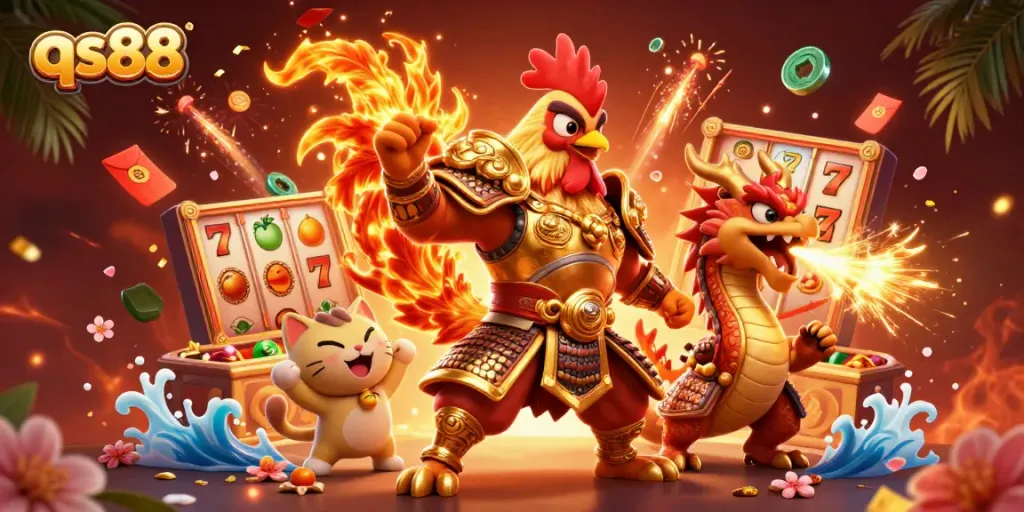 Join the excitement of qs88 with a dynamic casino illustration featuring a warrior, dragon, and lucky symbols.