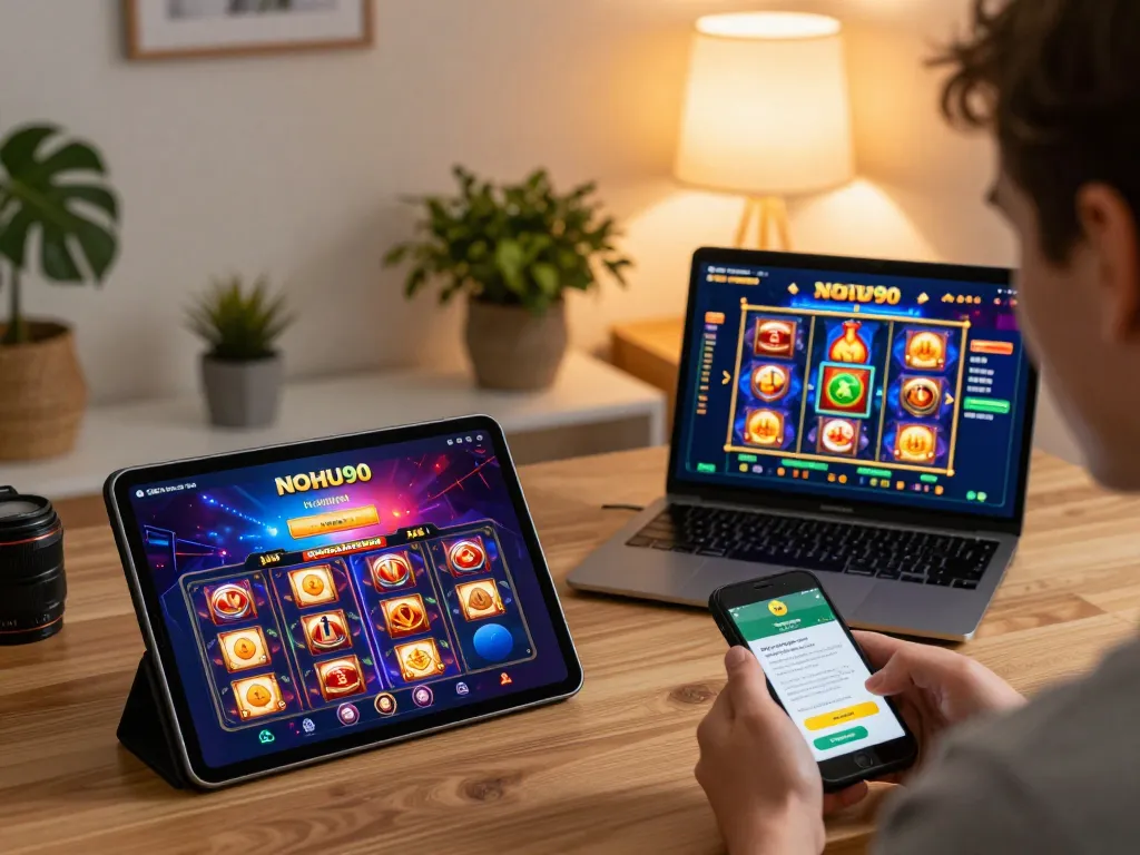 Engaging with the NOHU90 casino app on a tablet in a cozy home setup, showcasing online gaming excitement.