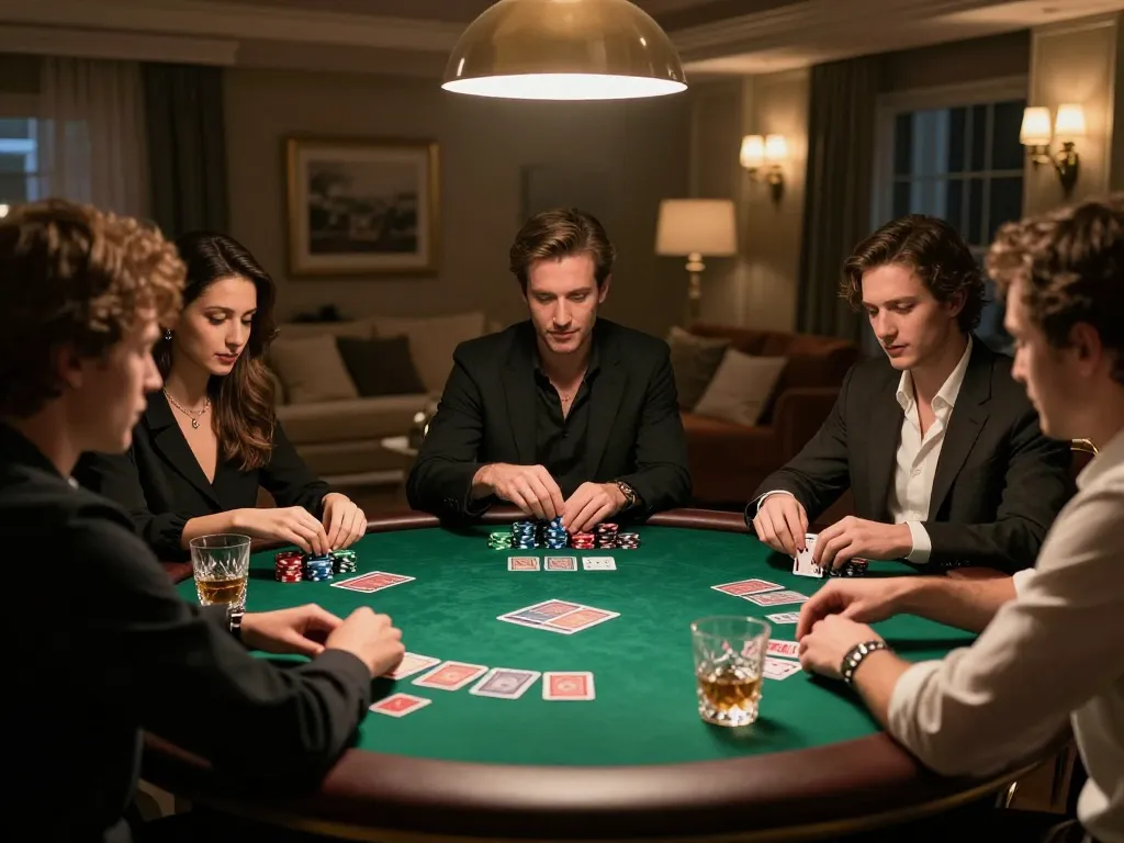 Friends engaging in a strategic poker game at home, keonhacaivn atmosphere captured in cozy elegance.