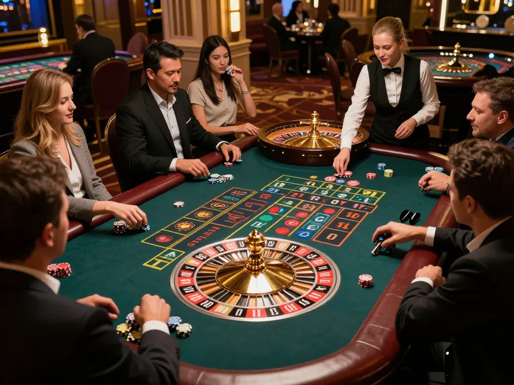 Nohu players engaging in an exciting roulette game at a vibrant casino, capturing the thrill of betting.