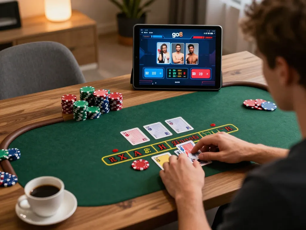 Player engaging in blackjack gameplay through go8 online platform, showcasing strategic betting and comfortable environment.