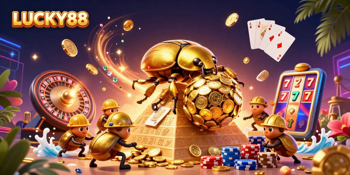 Spin and win with LUCKY88's golden beetles rolling coins up a pyramid in this vibrant casino scene.