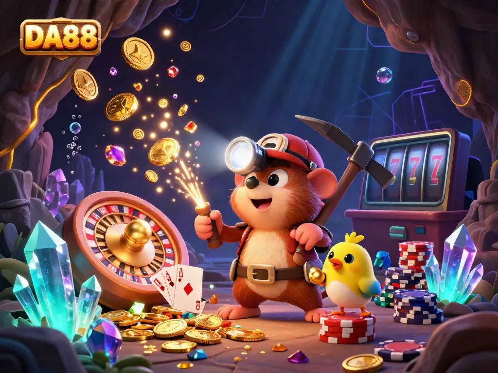 Bet on DA88 with a vibrant scene featuring a treasure hunter mole and canary amidst cascading coins and casino elements.