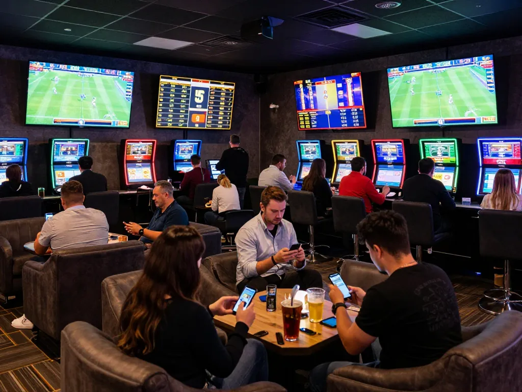 Engaged patrons betting on nowgoal live sports, showcasing excitement and camaraderie in a modern betting lounge.