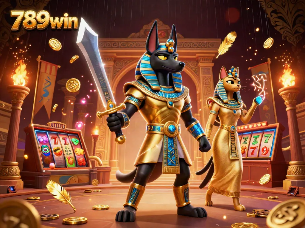 Experience the thrill of 789win with Anubis and Bastet amidst dynamic casino elements.