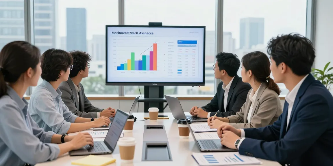 Professionals discussing merchant cash advance rates in modern office setting.