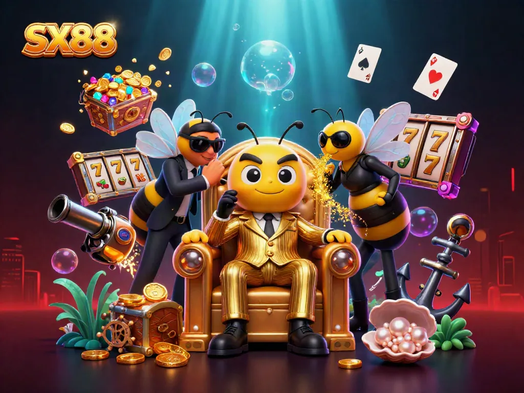 SX88 promotional illustration featuring a bumblebee mob boss and slot game elements in a vibrant scene.
